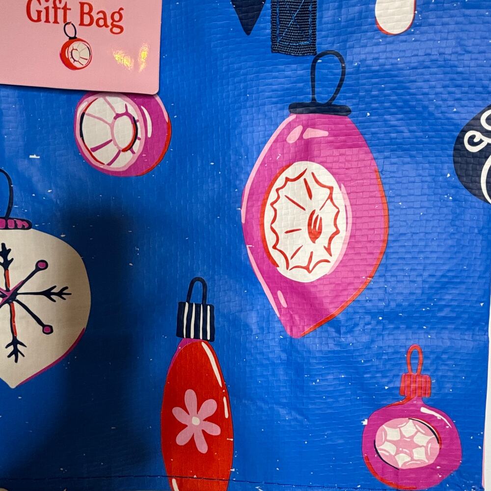 Trader Joe's Eat Drink Be Merry Blue Christmas Grocery Holiday Gift Tote Bag NWT - Picture 3 of 6